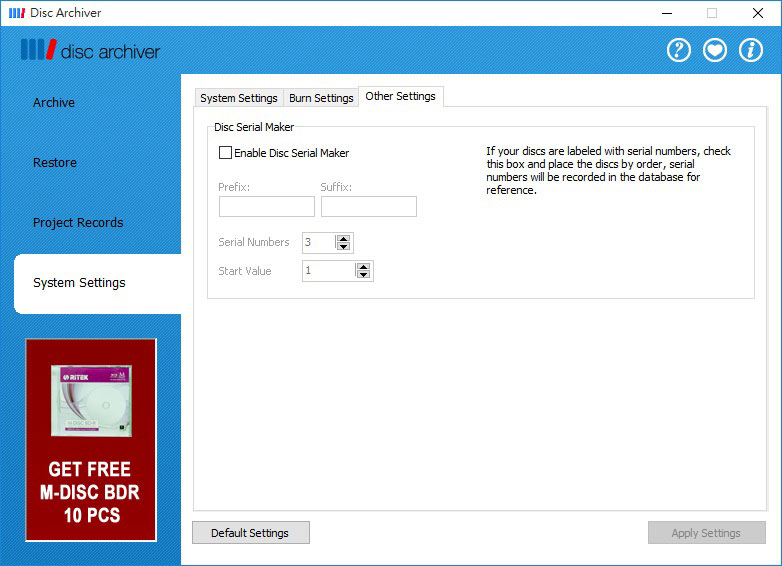 Disc Archiver Screenshot - System Setting 3
