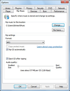 Windows Media Player Options window